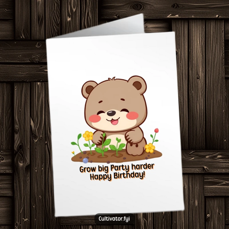 Funny Free Printable Birthday Card: Giggling bear planting seeds with determination, celebrating a special day.