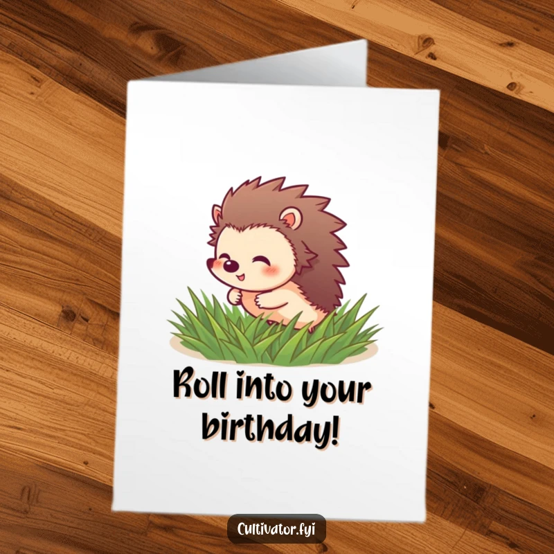 Funny Free Printable Birthday Card: Giggling hedgehog character joyfully rolling through a patch of soft, green grass.