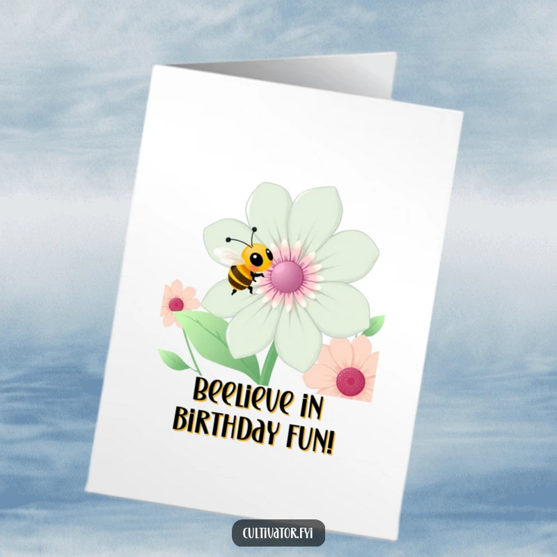 Funny Free Printable Birthday Card: A happy bee buzzing around a large, vibrant flower, conveying energetic birthday wishes.