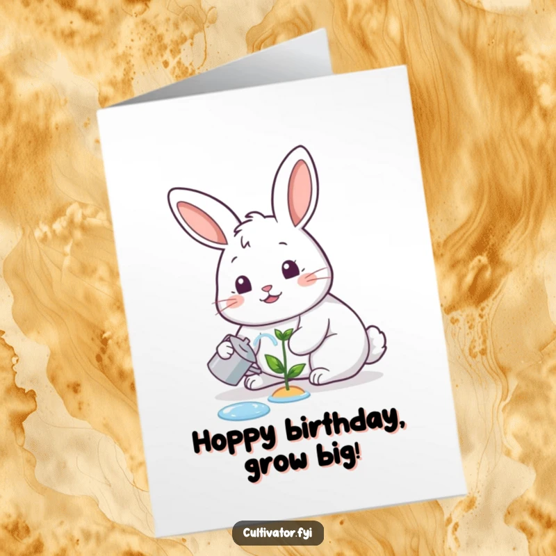 Funny Free Printable Birthday Card: Happy rabbit cheerfully watering a tiny sprout, symbolizing growth and birthday wishes.