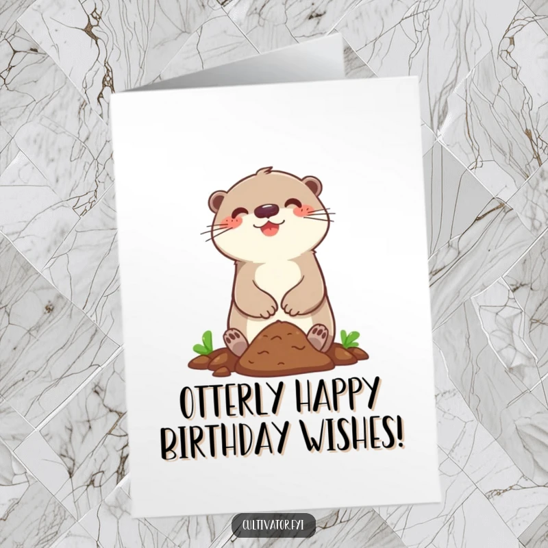 Funny free printable birthday card showing a happy otter joyfully digging in the soil with enthusiasm and a big smile.