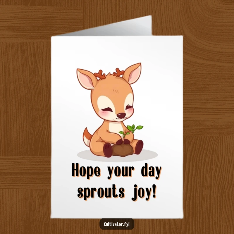 Sweet Free Printable Birthday Card: Gentle deer with paws on a seedling, symbolizing growth and care, downloadable art.