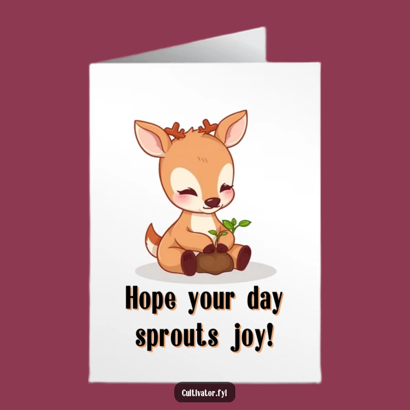 Free Printable Birthday Card: Kind Deer Nurturing Seedling - Sweet Downloadable Gift