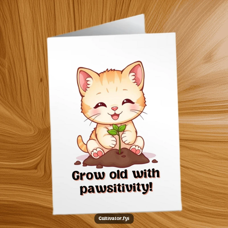 Cute Free Printable Birthday Card: A smiling kitten happily planting a tiny seed, symbolizing new beginnings and joy.
