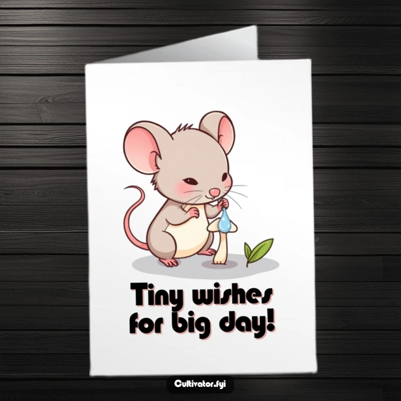 Funny Free Printable Birthday Card: Determined mouse carefully watering a minuscule mushroom with a dropper, symbolizing tiny efforts for big results.