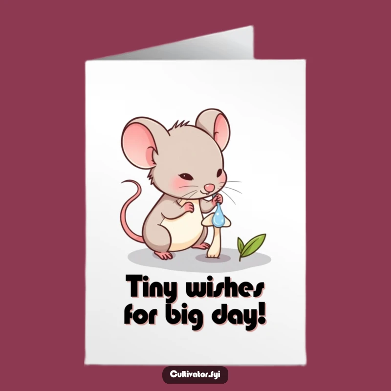 Free Printable Birthday Card: Mouse Watering Mushroom, Funny Downloadable Gift for Big Wishes