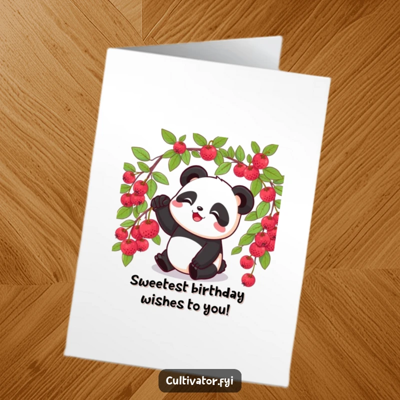 Funny Free Printable Birthday Card showing a delighted panda carefully picking a single ripe berry from a bush, perfect for DIY birthday wishes.