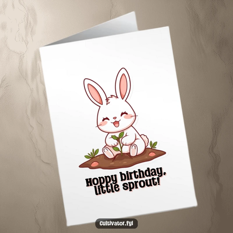 Funny Free Printable Birthday Card showing a cheerful rabbit planting a seed with a huge smile, radiating happiness.