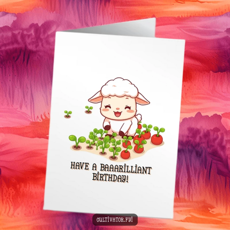 Funny Free Printable Birthday Card featuring a happy sheep joyfully tending tiny vegetables, celebrating growth and good times humorously.
