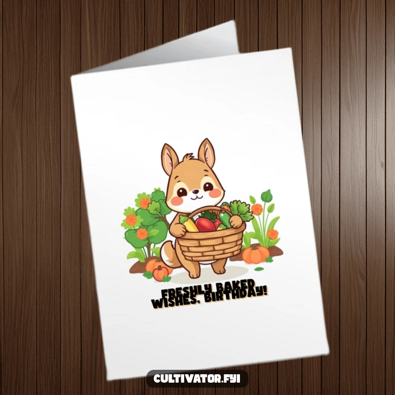 Funny Free Printable Birthday Card featuring a smiling animal character presenting a overflowing basket of fresh, colorful produce.