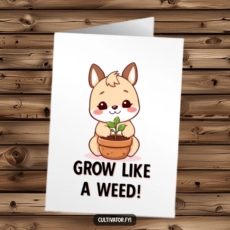 Funny Free Printable Birthday Card: A smiling animal happily plants a small seedling in a pot, spreading birthday cheer.