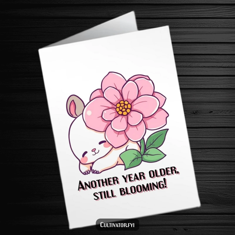 Funny Free Printable Birthday Card featuring a chill animal character relaxing next to a vibrant, blooming flower, embodying peaceful joy.