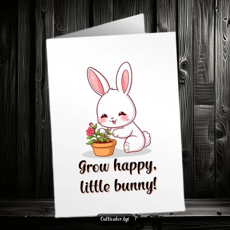 Funny free printable birthday card showing a smiling bunny happily watering a tiny, colorful potted plant with great care.