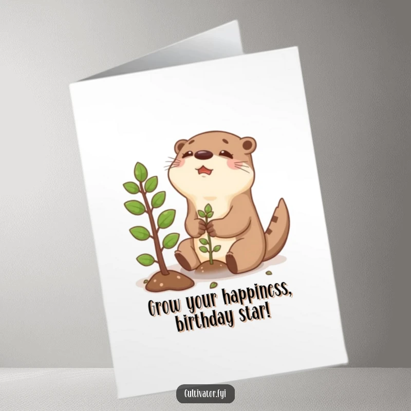 Funny free printable birthday card: an otter joyfully planting a small sapling, symbolizing growth and happiness.