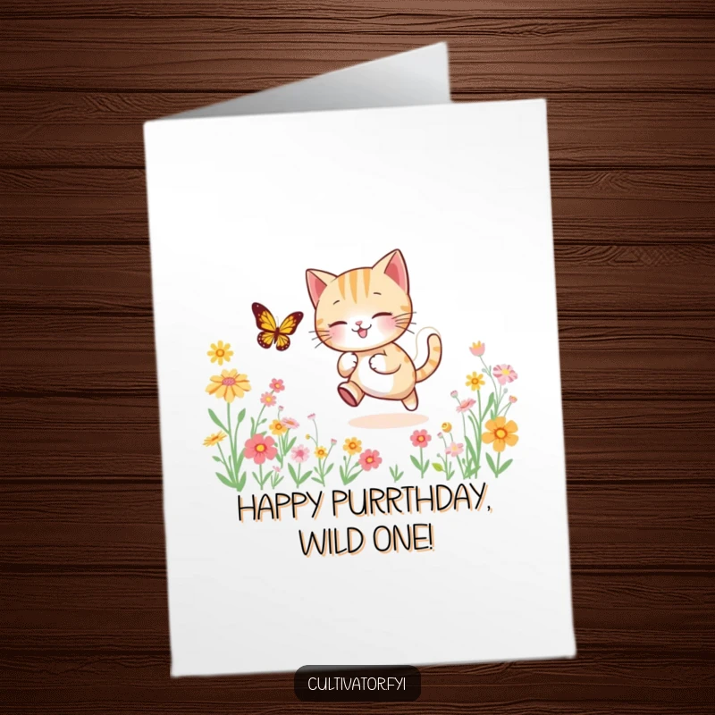 Funny Free Printable Birthday Card: Lively cat playfully chases a butterfly through a vibrant field of flowers, full of joy.