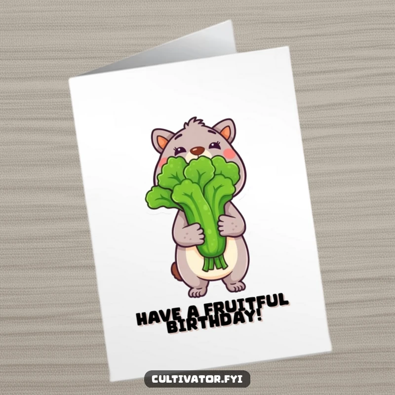 Funny Free Printable Birthday Card: An animal beams with pride, holding up a perfectly grown, freshly picked vegetable.