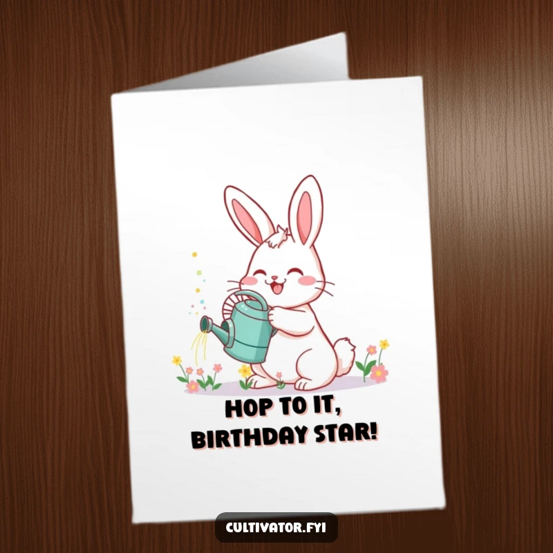 Funny Free Printable Birthday Card: Happy bunny with a watering can, joyfully sprinkling tiny flowers, perfect for sending birthday wishes.