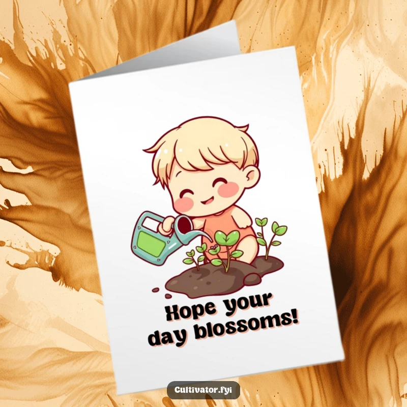 Funny Free Printable Birthday Card featuring a smiling character watering sprouts with a colorful can, symbolizing growth and joy.