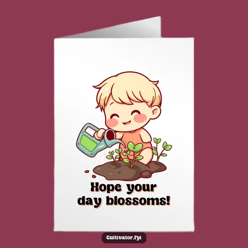 Free Printable Funny Birthday Card: Watering Sprouts Character - Humorous Downloadable Gift