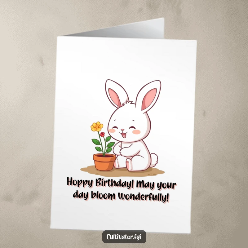 Funny Free Printable Birthday Card: Smiling bunny happily watering a small, vibrant potted plant, wishing a great birthday.