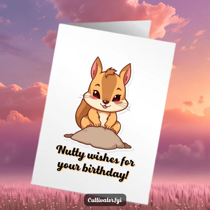 Funny Free Printable Birthday Card: Determined squirrel digging a hole, perfect for a humorous DIY gift idea.