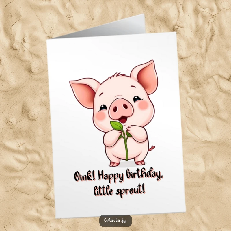 Funny Free Printable Piglet Birthday Card: A proud piglet showing off a tiny, vibrant green sprout, celebrating new beginnings.