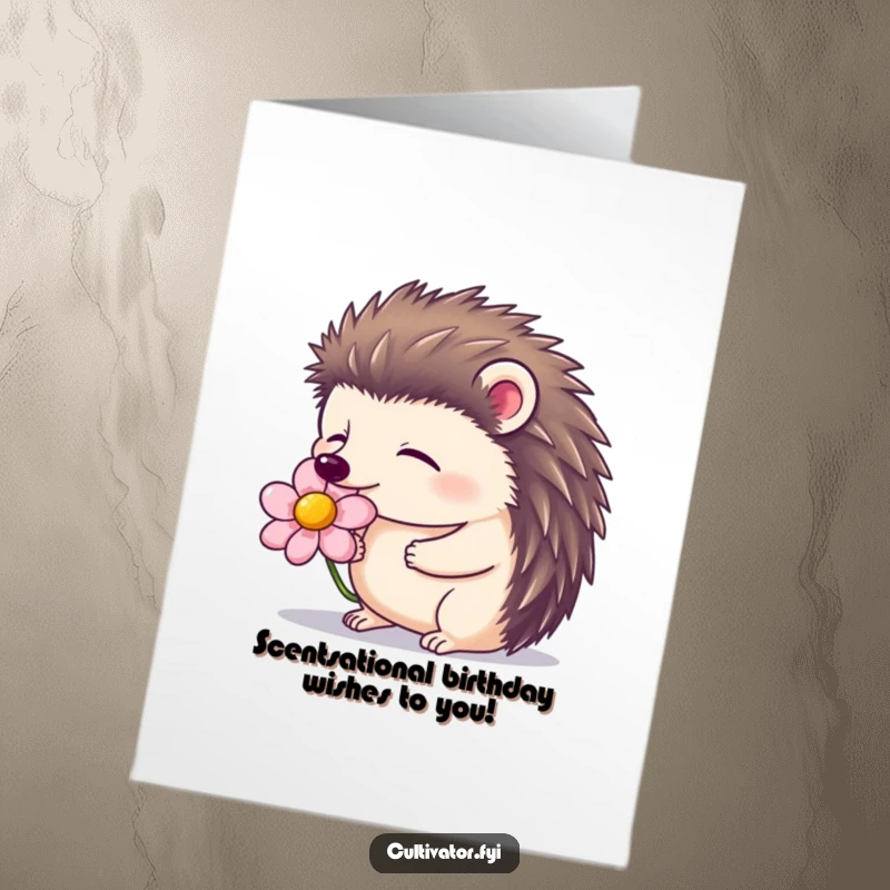 Funny Free Printable Birthday Card: Content hedgehog smelling flower with closed eyes, a peaceful birthday greeting.