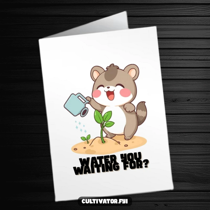 Funny Free Printable Birthday Card: An excited animal happily waters a tiny sprouting plant, wishing growth and joy.