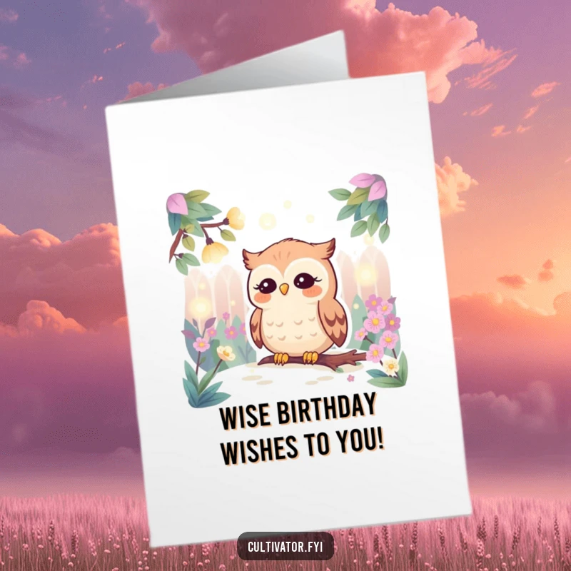 Funny Free Printable Birthday Card: Contented owl watches fireflies dance in a garden, creating a magical birthday scene.