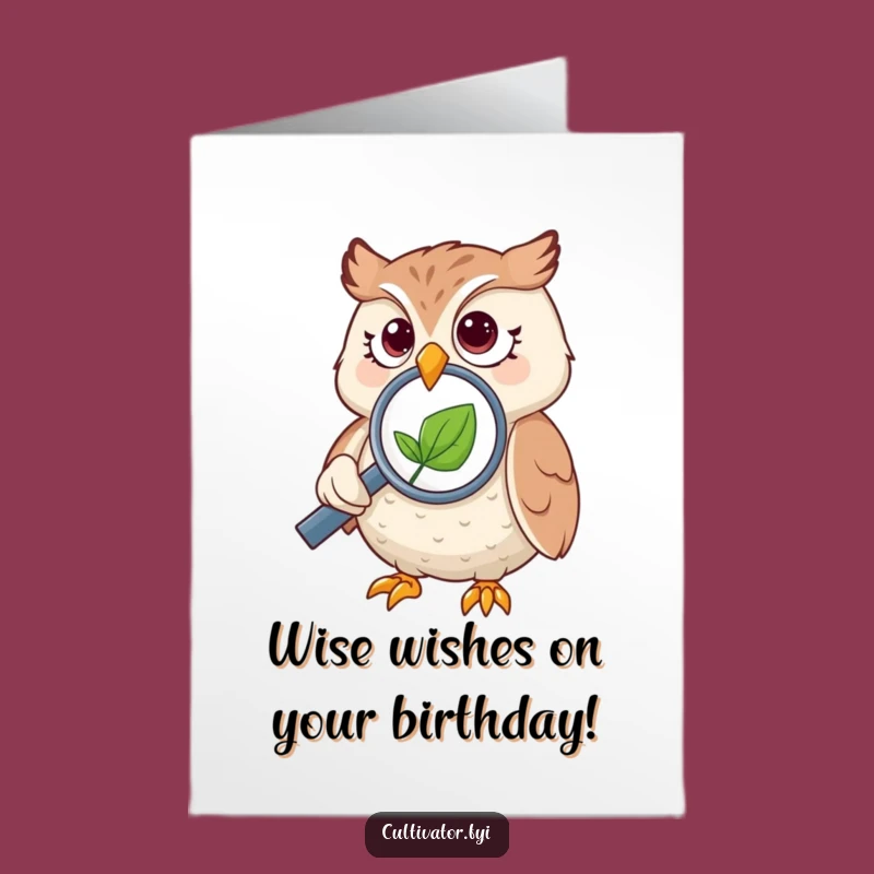 Free Printable Birthday Card: Curious Owl Magnifying Leaf for Fun