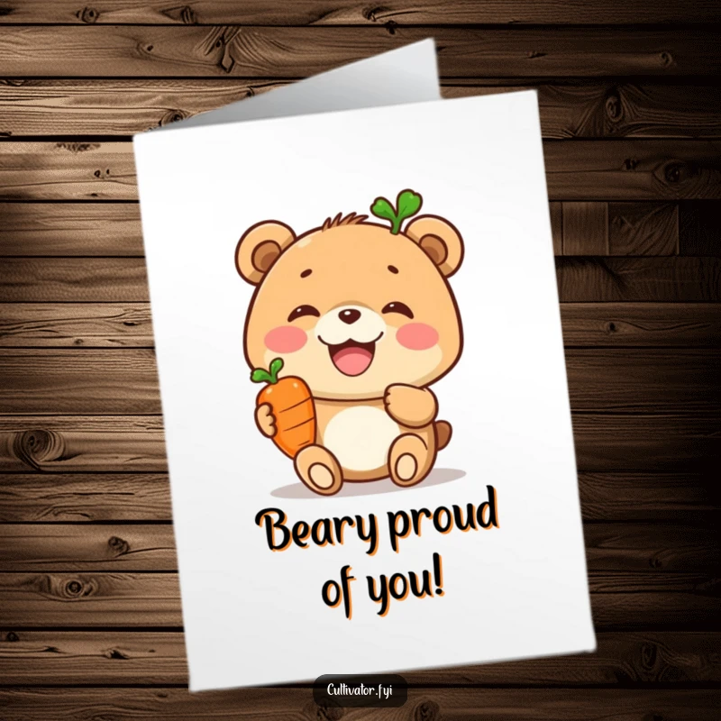 Funny Free Printable Congrats Card: A happy bear proudly presenting a small, perfectly grown carrot as a symbol of success.