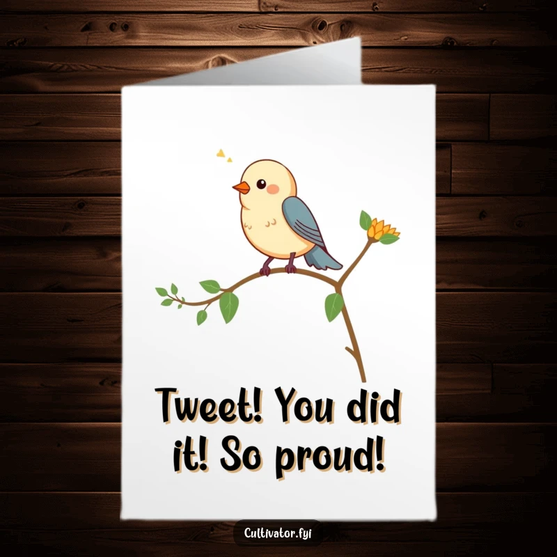 Funny free printable congratulations card: a cute bird perched on a plant, chirping merrily to celebrate good news.