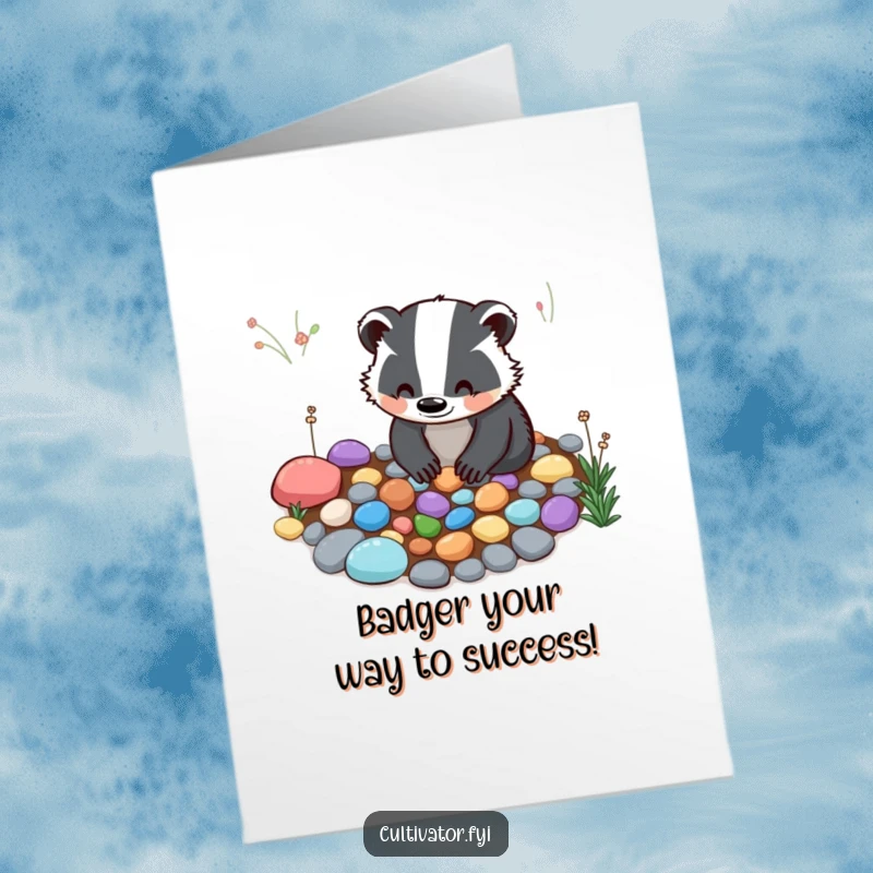 Funny Free Printable Congratulations Card: A smiling badger carefully arranging colorful pebbles on a garden path, celebrating success.