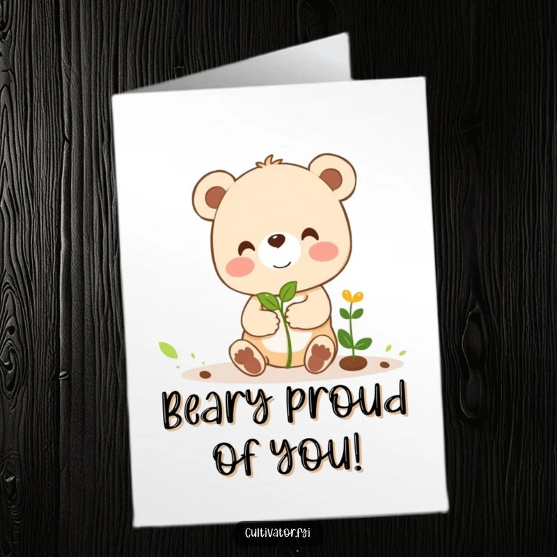 Funny free printable congratulations card featuring a happy bear cub helping a tiny sprout grow, a sweet downloadable.