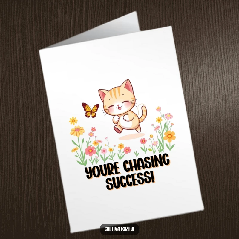 Funny Free Printable Congrats Card: Lively cat pursues a butterfly amidst flowers, celebrating a successful and joyful pursuit.