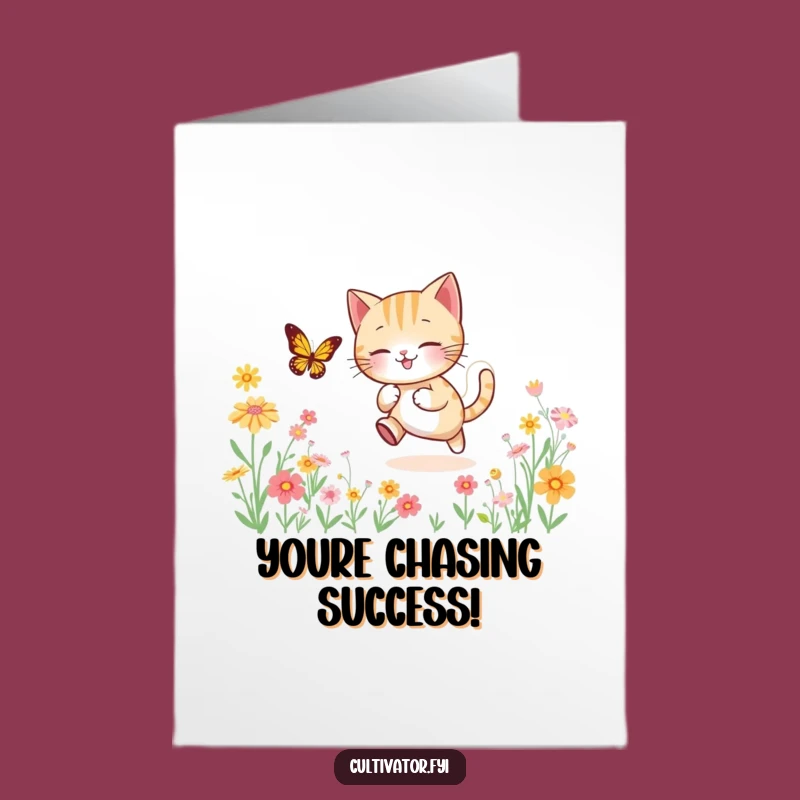 Free Printable Congrats Card: Cat Butterfly Joyful Pursuit Downloadable Gift