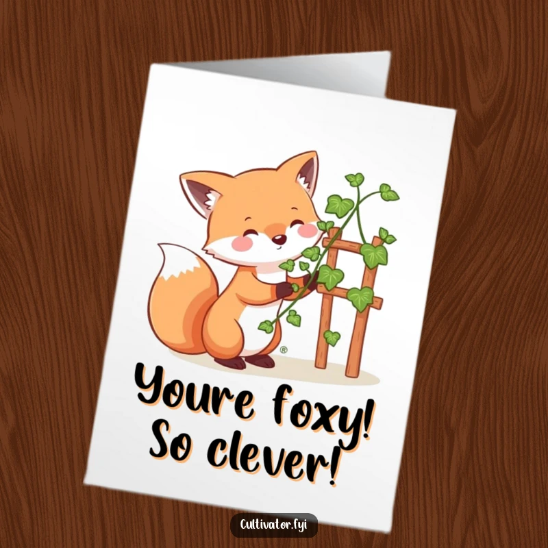 Playful Free Printable Congratulations Card: Whimsical fox happily helping a vine climb a trellis, celebrating achievements, downloadable art.