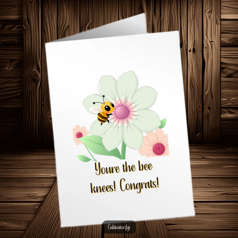 Funny Free Printable Congrats Card: A busy bee happily buzzing around a big flower, perfect for humorous congratulations.