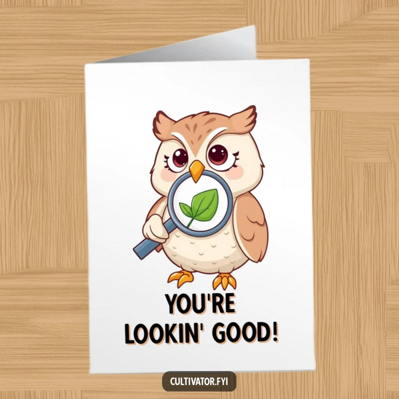 Funny Free Printable Congratulations Card featuring an owl intently examining a minuscule leaf with a magnifying glass, great for printable gifts.