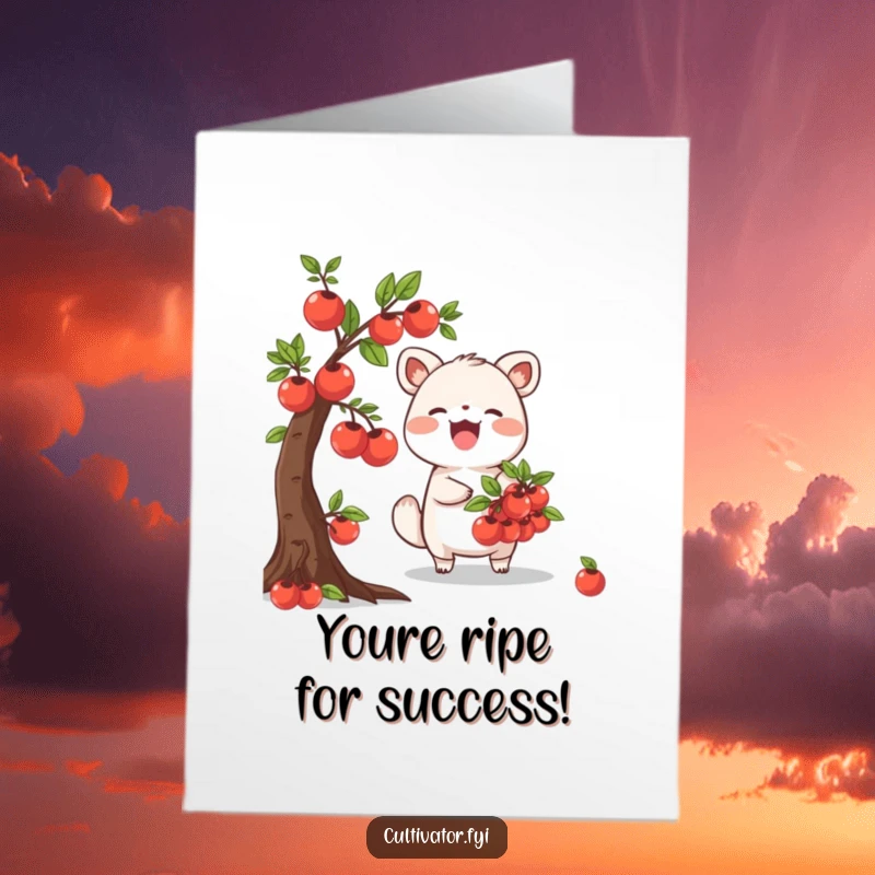 Funny free printable congratulations card of a joyful animal character reaping ripe fruits, celebrating success.