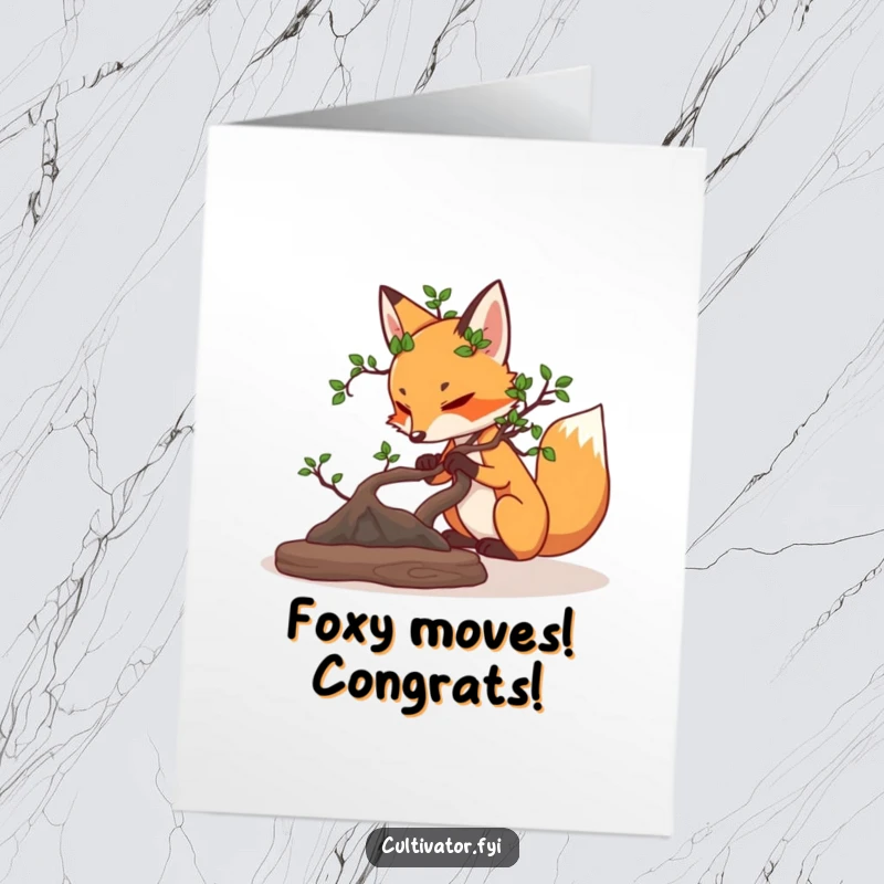 Funny Free Printable Congratulations Card showing a determined fox meticulously pruning a bonsai tree, symbolizing precision and achievement humorously.
