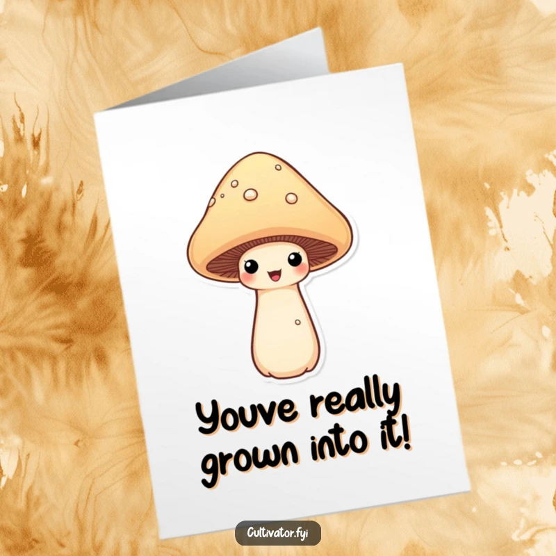 Funny Free Printable Mushroom Congratulations Card showing a proud mushroom celebrating an achievement with its impressive cap.