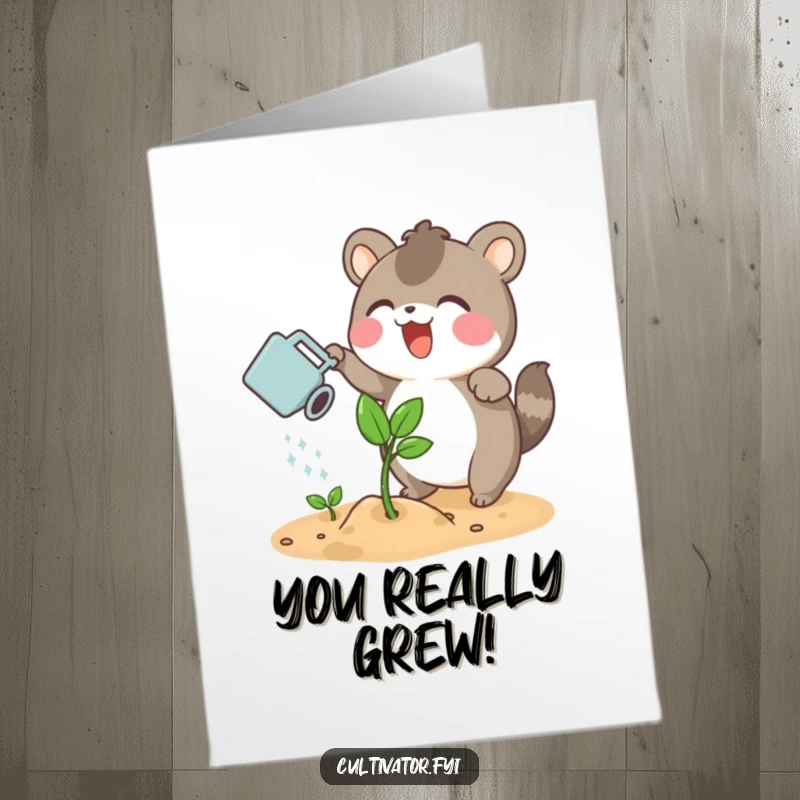 Funny Free Printable Congratulations Card: An excited animal waters a sprout, symbolizing nurturing success and new beginnings.
