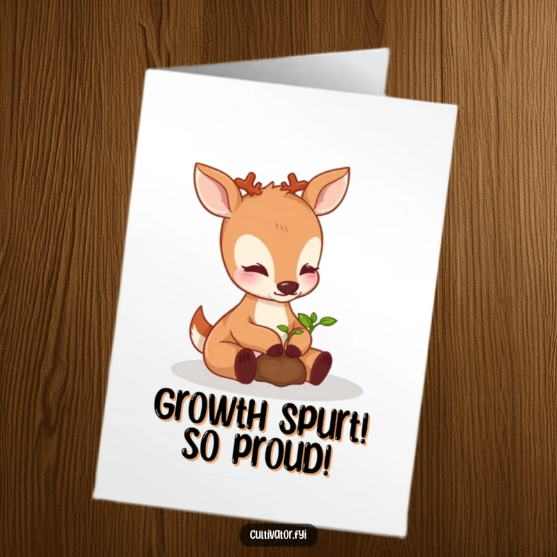 Gentle Free Printable Congratulations Card: Deer carefully tending a sprouting seedling with its paws, symbolizing new achievements, downloadable art.