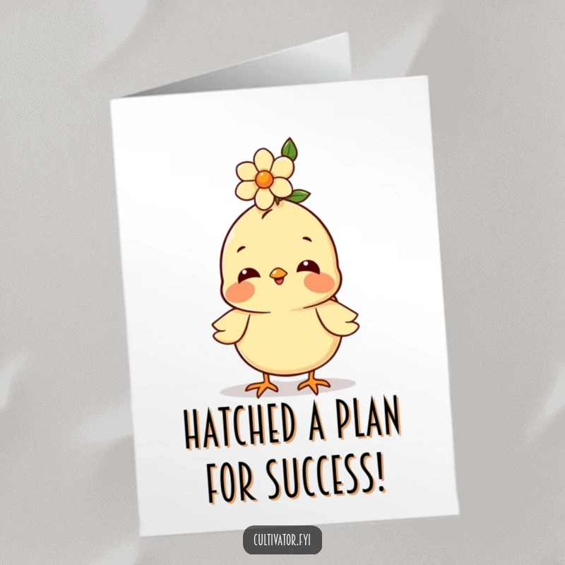 Funny Free Printable Congrats Card: A happy chick precariously balancing a flower on its head, symbolizing achievements.