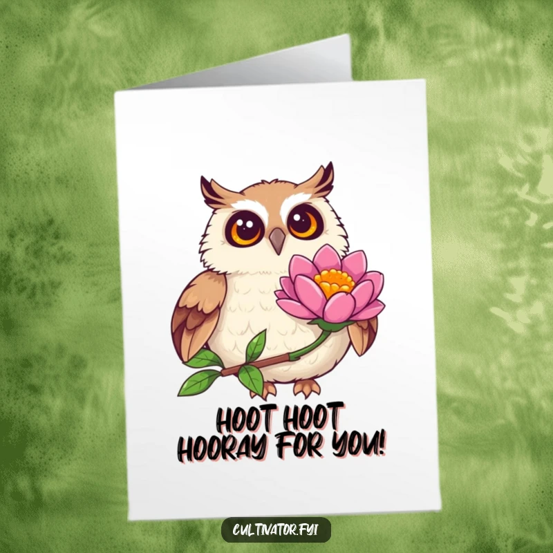 Delightful Free Printable Congratulations Card: Joyful owl with wide eyes looking at a vibrant flower in full bloom, downloadable art.