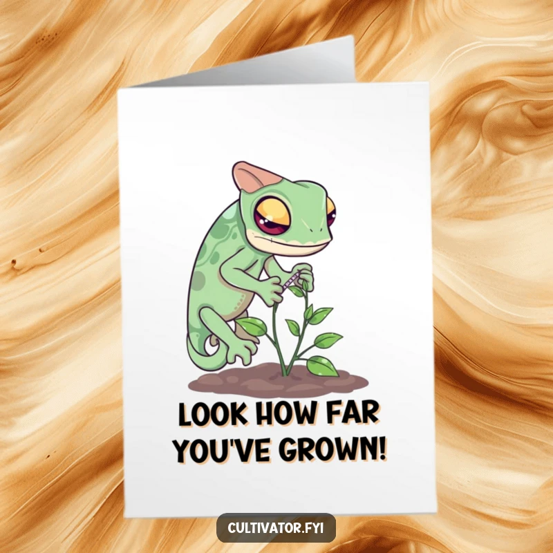 Free Printable Congrats Card: Curious chameleon meticulously measuring the growth of a tiny vine, celebrating success.