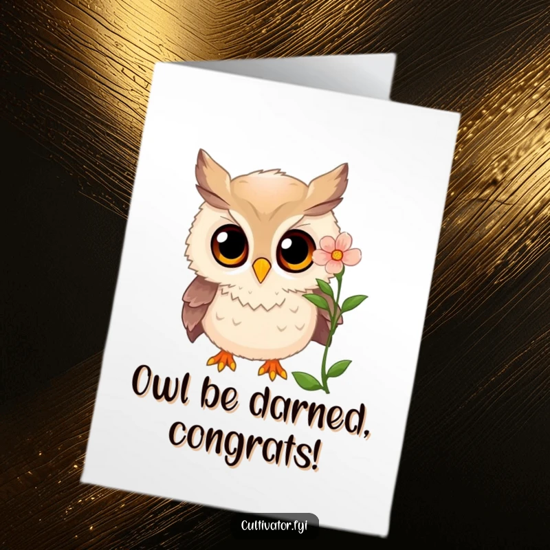 Funny Free Printable Congratulations Card: Curious owl examining flower, amazed eyes, celebrating achievement.