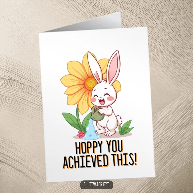 Free Printable Congratulations Card: Happy bunny watering a giant, colorful flower, celebrating growth. Blooming, celebratory downloadable art.