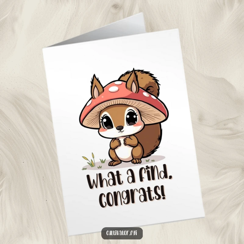 Funny Free Printable Congratulations Card: Curious squirrel with wide eyes inspects a large mushroom cap, celebrating a discovery.